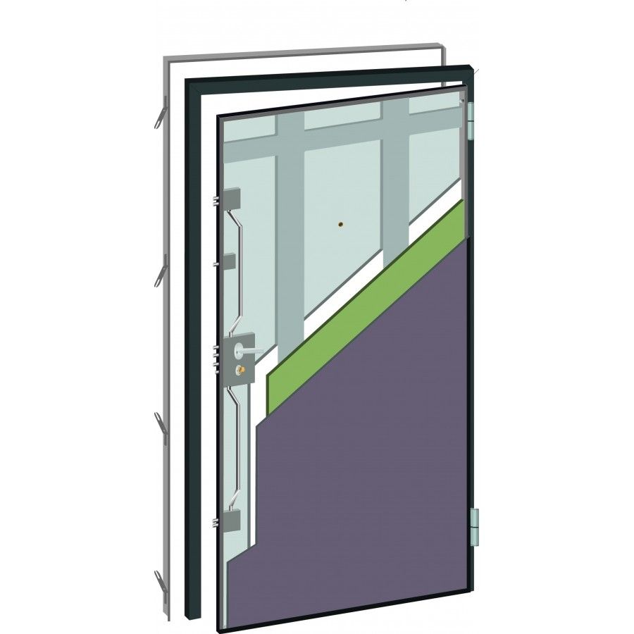 Vista in sezione di una porta, che mostra gli strati di costruzione: vetro, isolamento e telaio metallico.