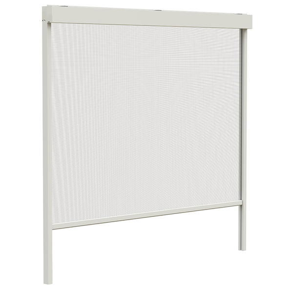 Zanzariera bianca retrattile, ideale per finestre o porte, con pannello a rete chiusa in una cornice di colore chiaro.