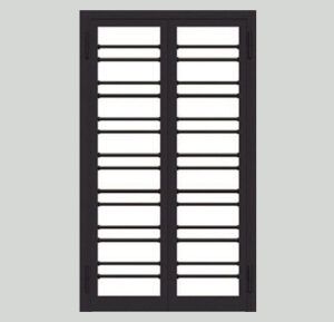 Finestra nera con griglia rettangolare, probabilmente per motivi di sicurezza o di ventilazione.