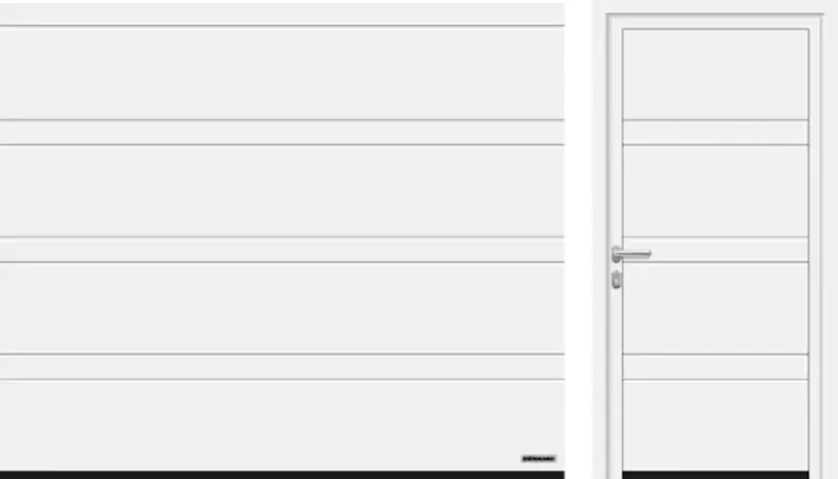 Porta da garage bianca e porta laterale abbinata con dettagli a pannello orizzontale.