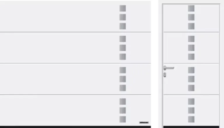 Porta del garage bianca e porta d'ingresso laterale abbinata, entrambe con pannelli orizzontali e file verticali di piccole finestre quadrate.