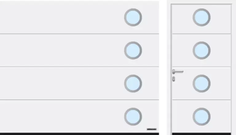 Porta da garage bianca e porta laterale abbinata con quattro pannelli orizzontali ciascuna e finestre rotonde.