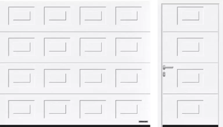 Porta da garage bianca e porta laterale abbinata con dettagli del pannello rettangolare.