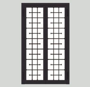 Finestra nera con motivo a griglia. Due pannelli sono separati da barre verticali e orizzontali.