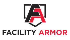 The facility armor logo is black and red with a shield.