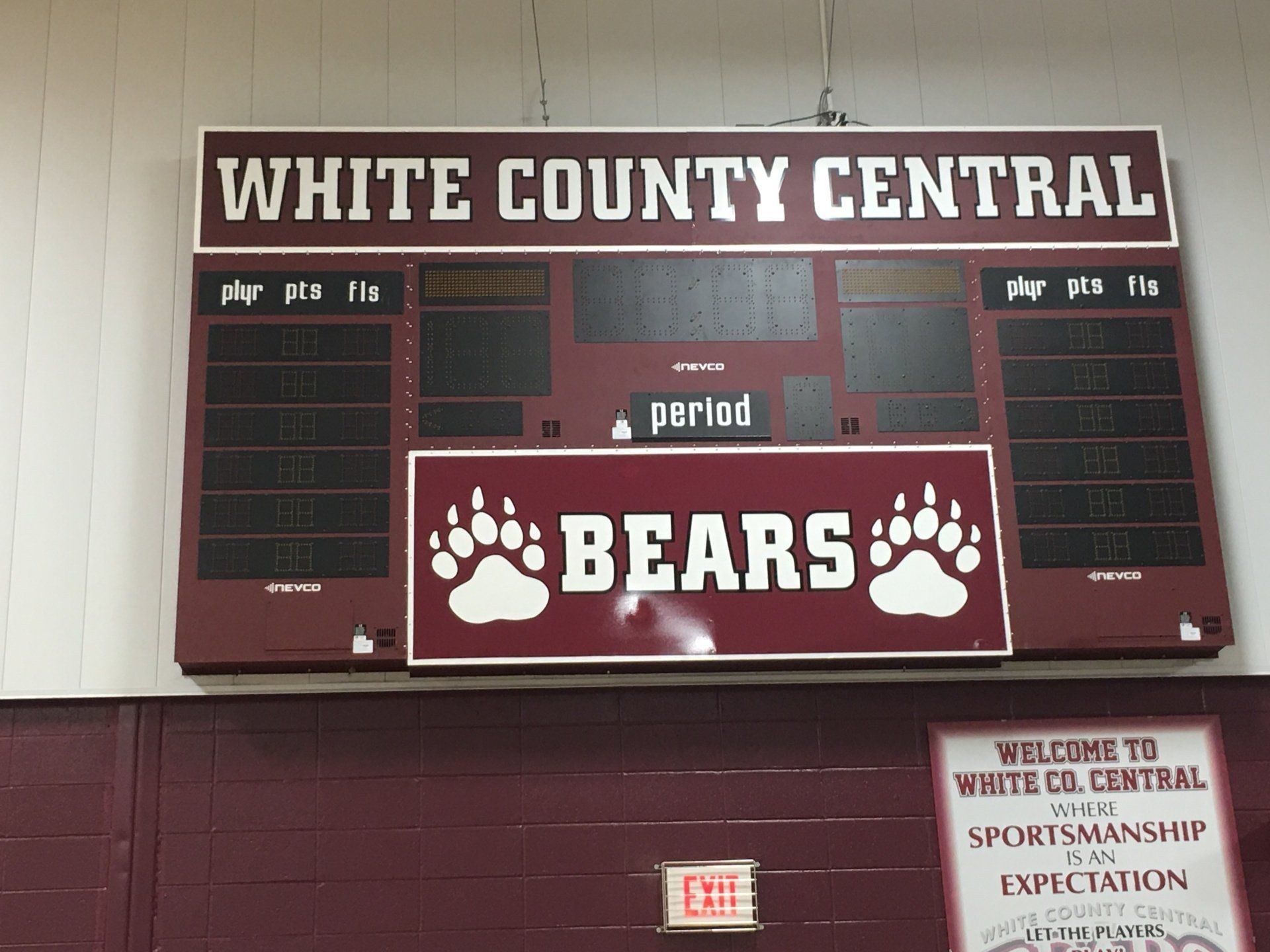 A scoreboard for the white county central bears
