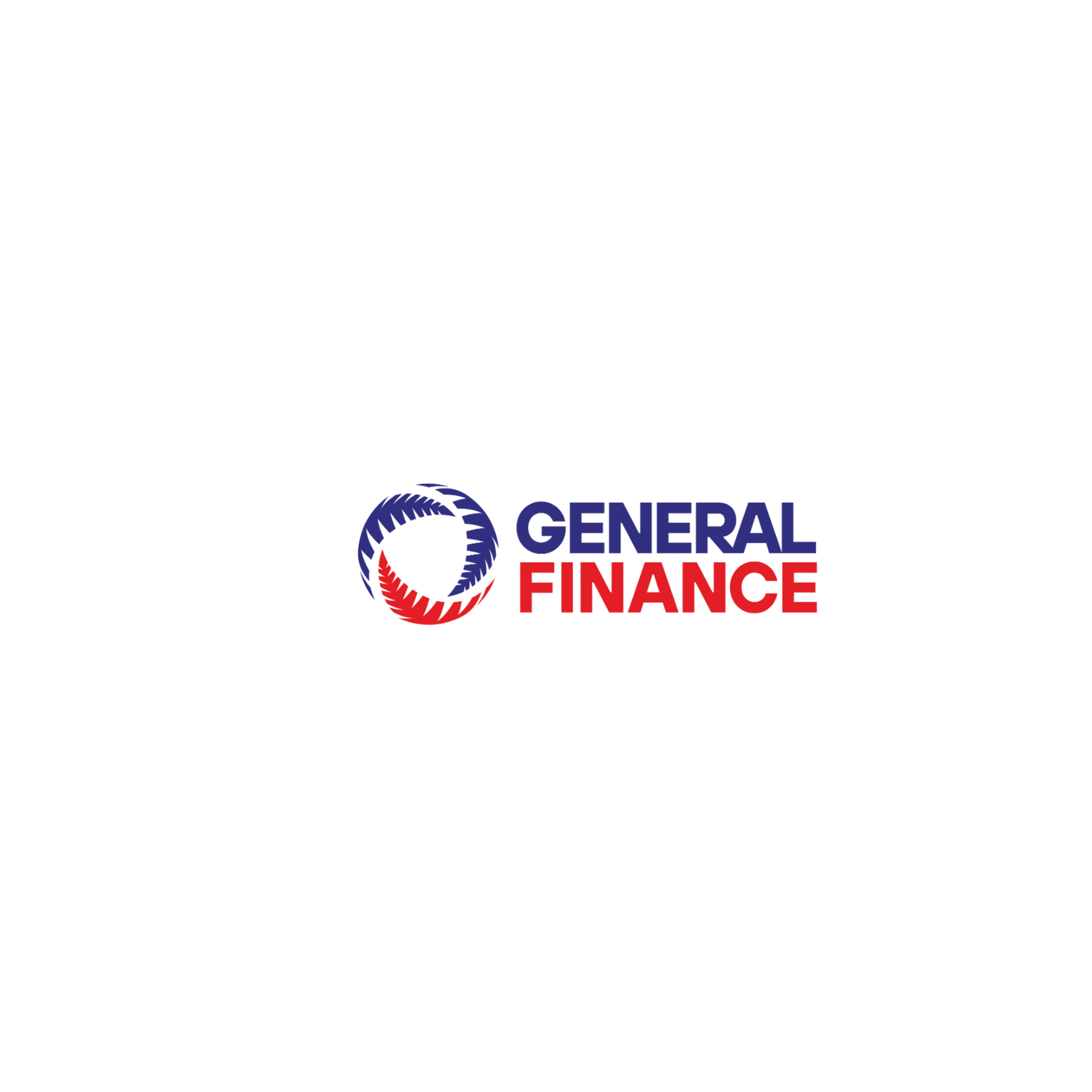The logo for general finance is red , white and blue.