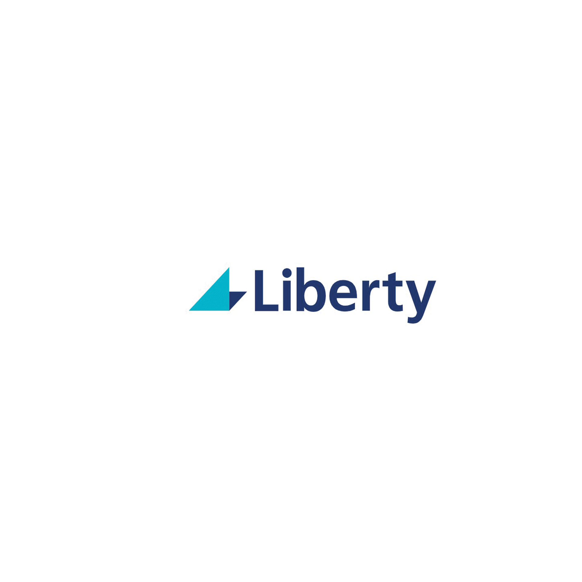 The logo for liberty is a blue triangle with the word liberty on it.