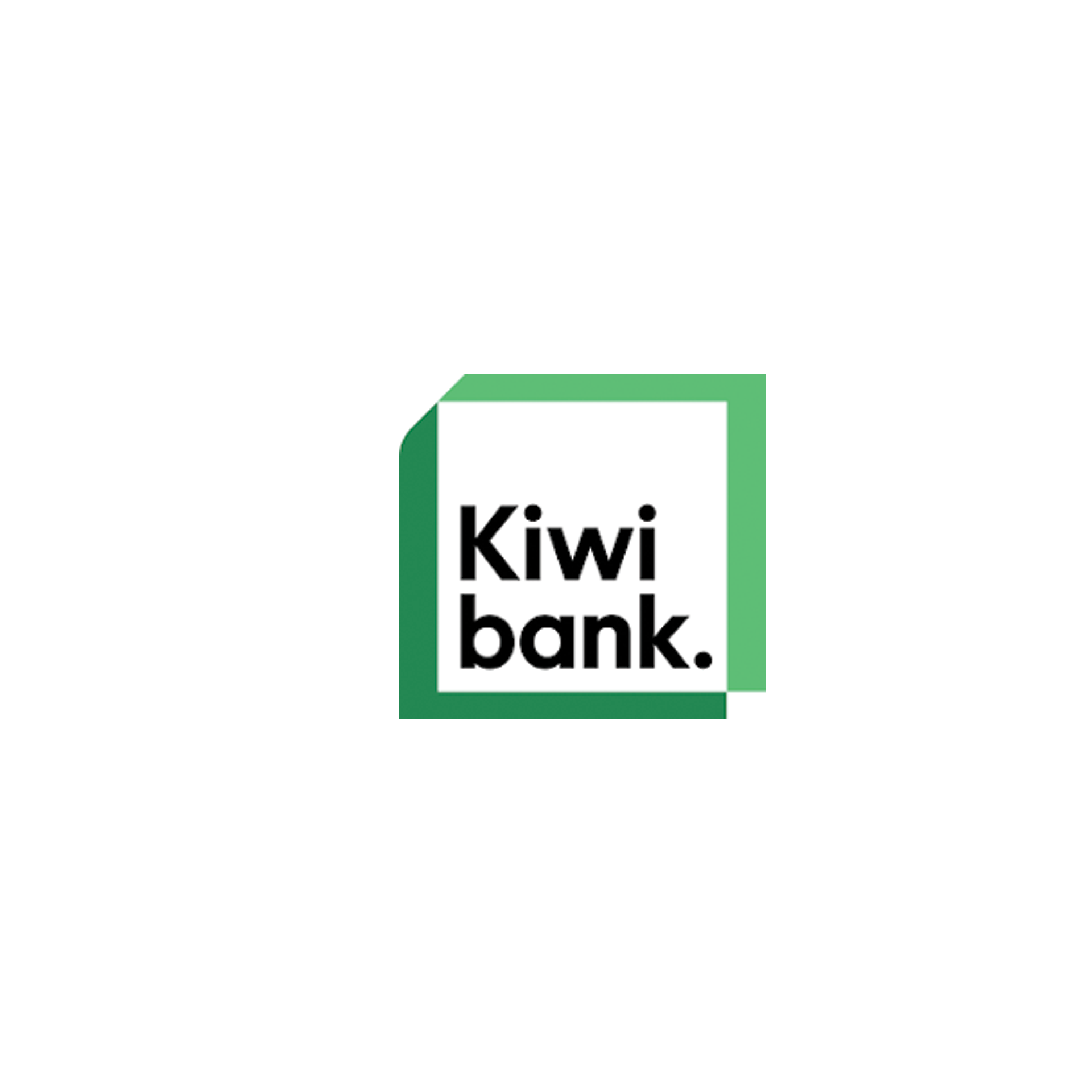 The logo for kiwi bank is a green square with the words `` kiwi bank '' written inside of it.