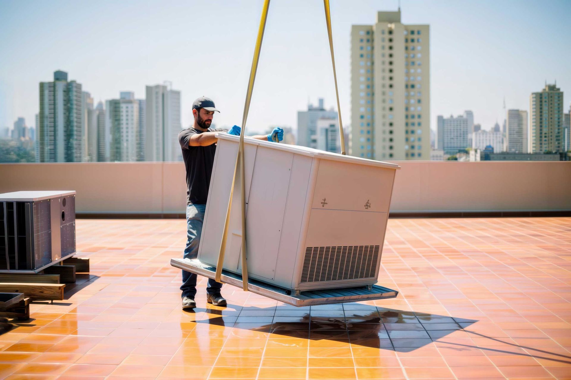 Technician installing rooftop HVAC unit in city building during training for hvac job placement.