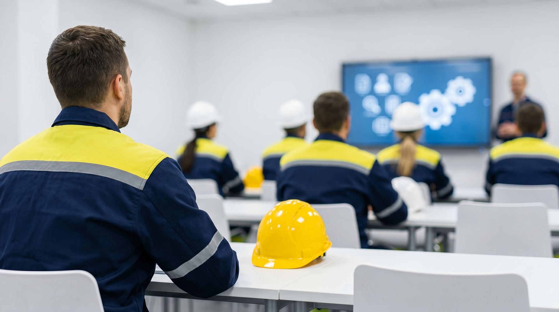 Industrial workers in navy and yellow uniforms, watching presentations on screen. Industrial workers in navy and yellow uniforms, watching presentations on screen.