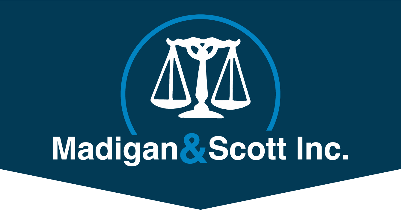 A blue and white logo for madigan & scott inc.