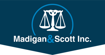 A blue and white logo for madigan & scott inc.