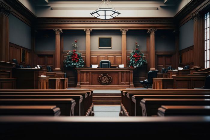 An empty courtroom with wooden benches and a judge 's desk.