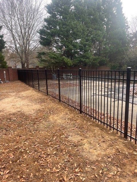 A black metal fence surrounds a swimming pool in a backyard.