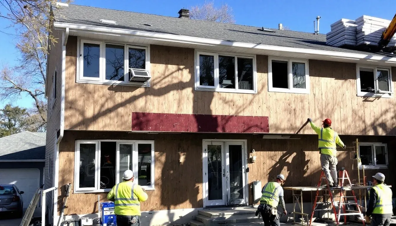 A group of construction workers are working on windows and siding repair