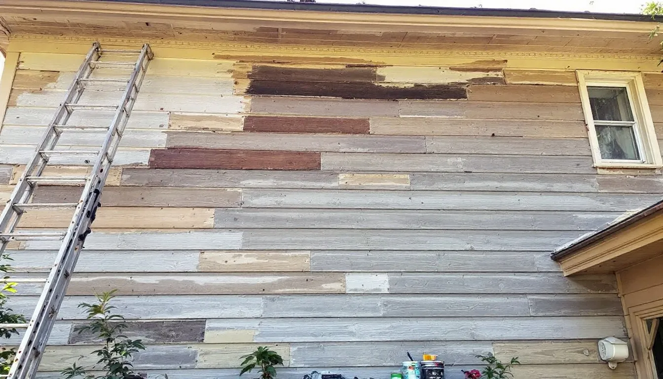 A ladder is sitting on the side of a wooden house that siding is being replaced