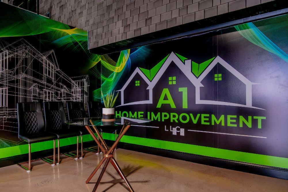 A room with a sign that says a1 home improvement