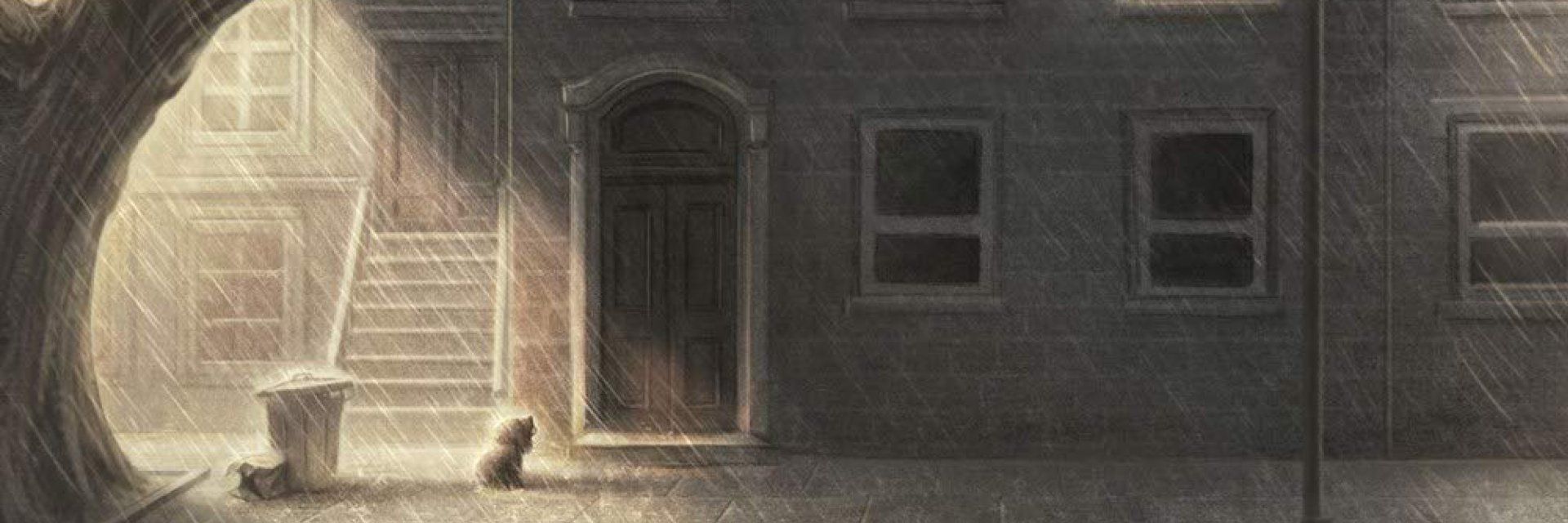 Illustration of a dog sitting outside a building in the rain