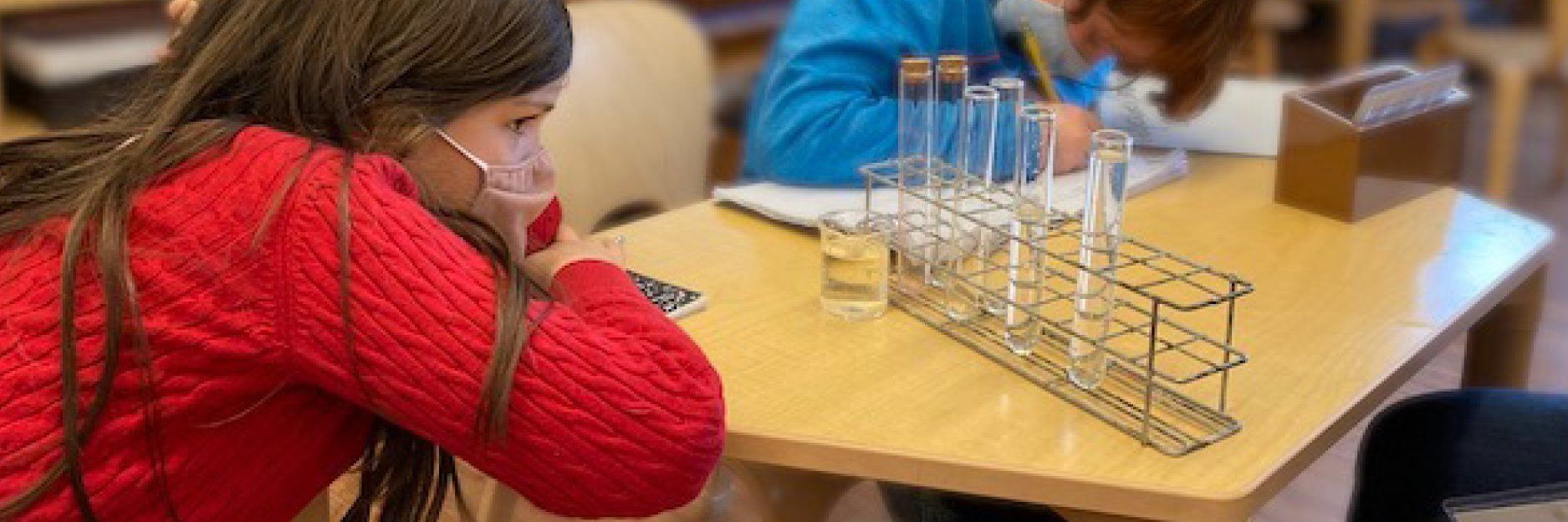 Female elementary student at table looking at test tubes in a rack