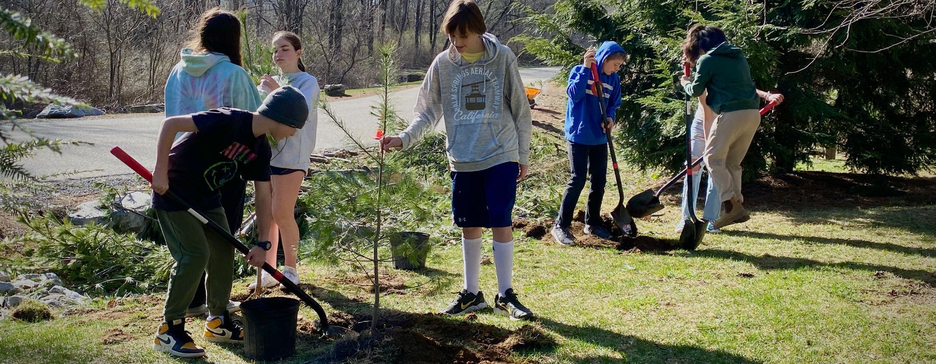 An image of six adolescent students with shovels working to plant small trees