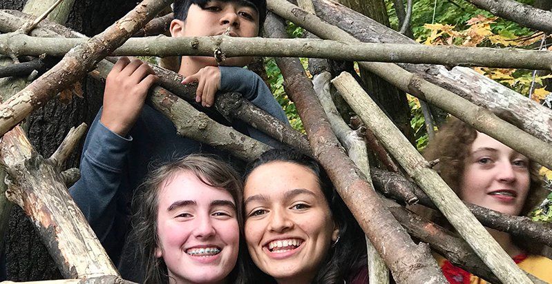 Four teenagers peering through branches of a tree fort