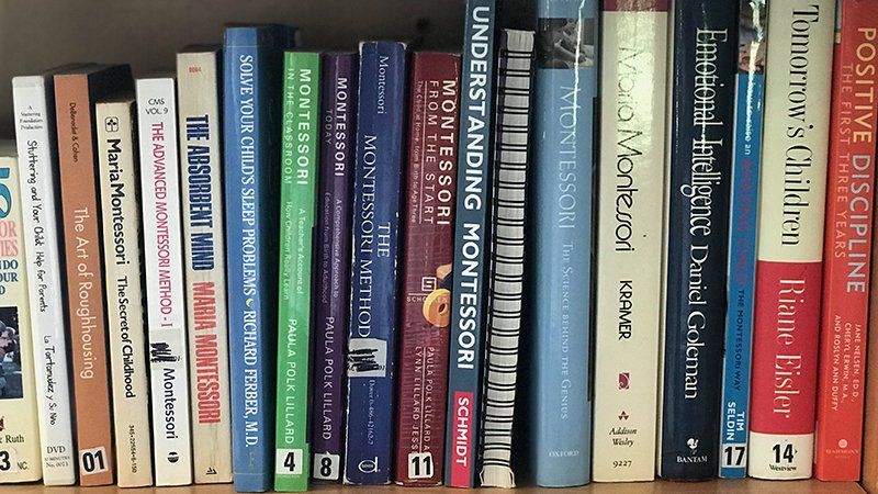 shelf full of books about Montessori