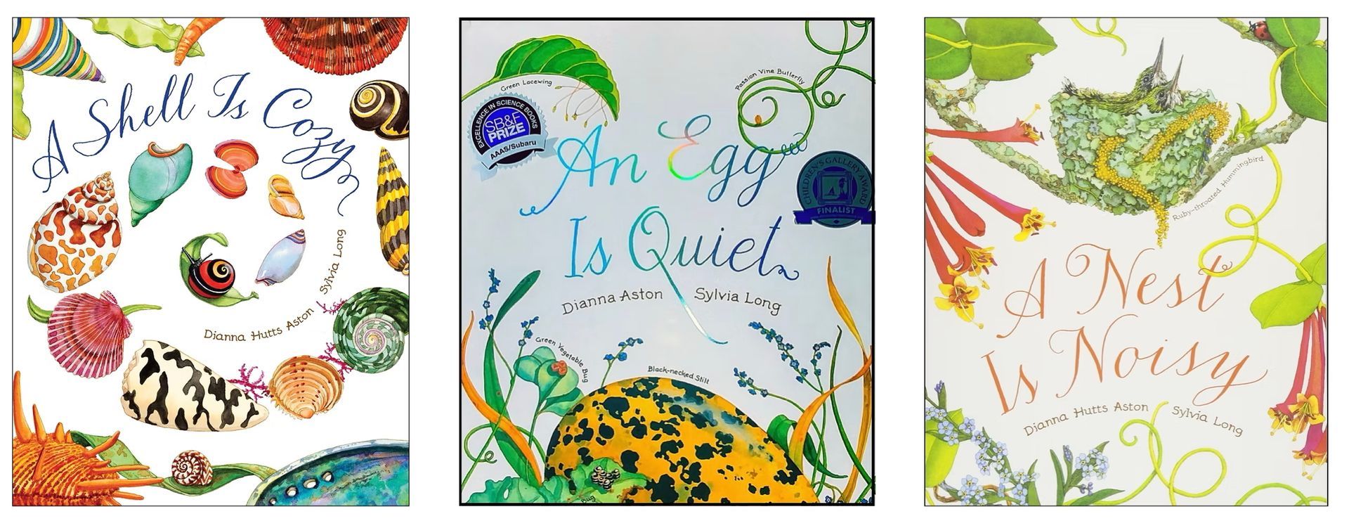 Image of three book covers in the A is Series by Dianna Aston and Sylvia Long