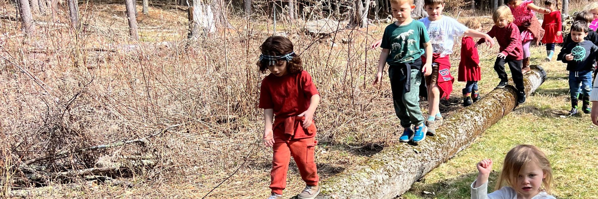 Image of preschool children balancing and walking across a log