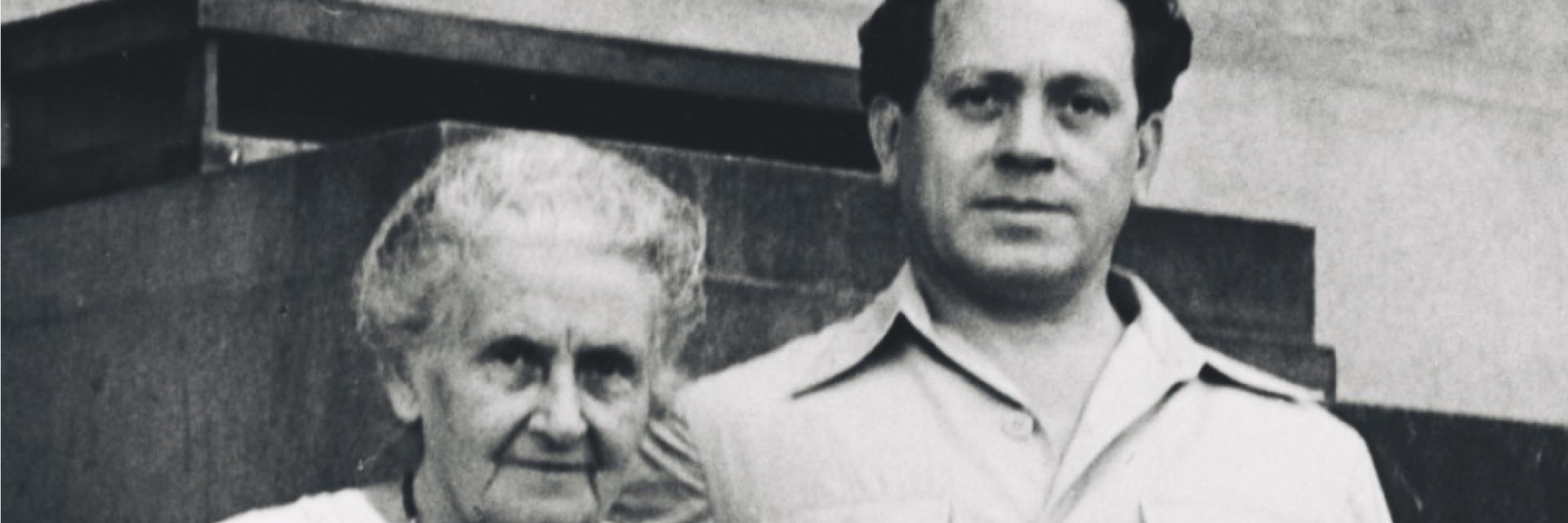 black and white photo of Mario and Maria Montessori