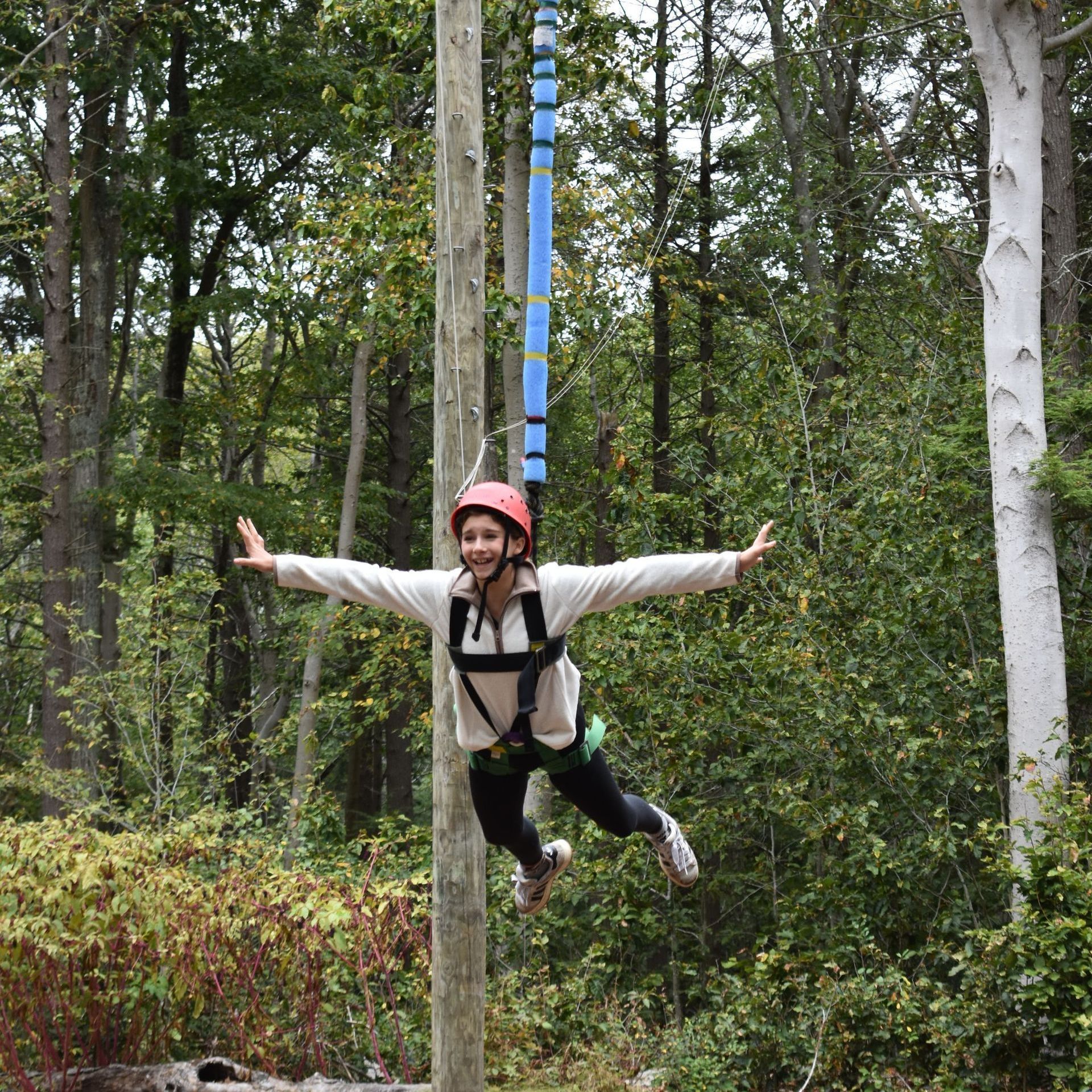 Adolescent student in harness suspended from ropes course