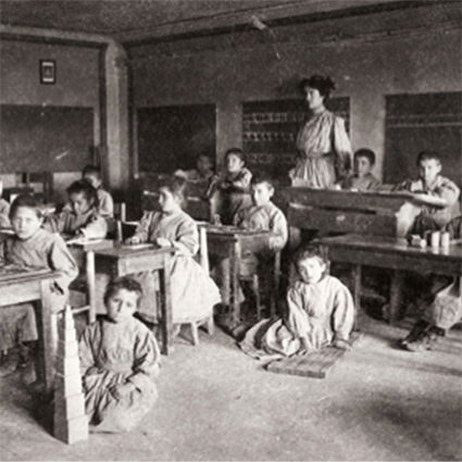 Black and white image of classroom