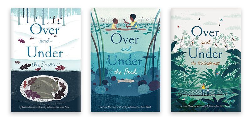 Image of the covers of three books in the over under series by Kate Messner with art by Christopher Silas Neal