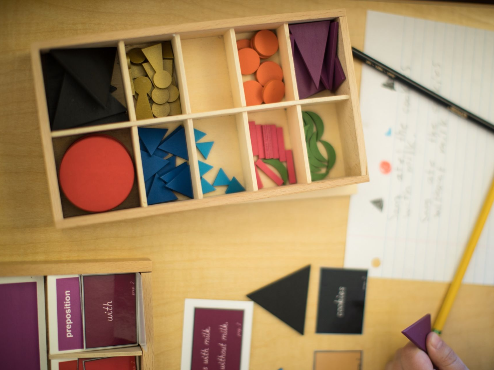 Image of a tray of colorful tags for the parts of grammar