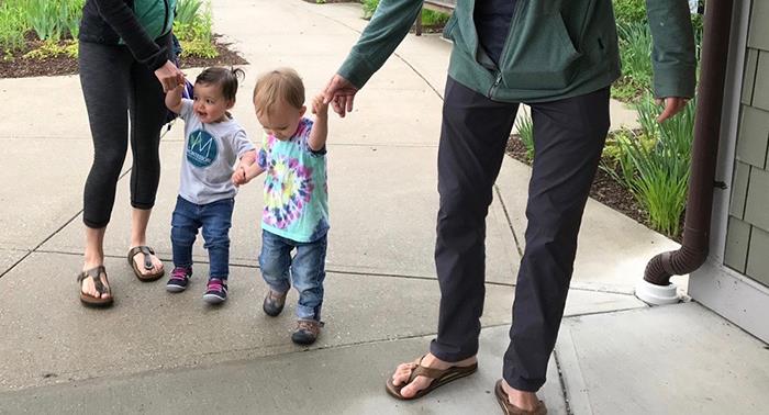 two toddler children walking and holding hands with their parents