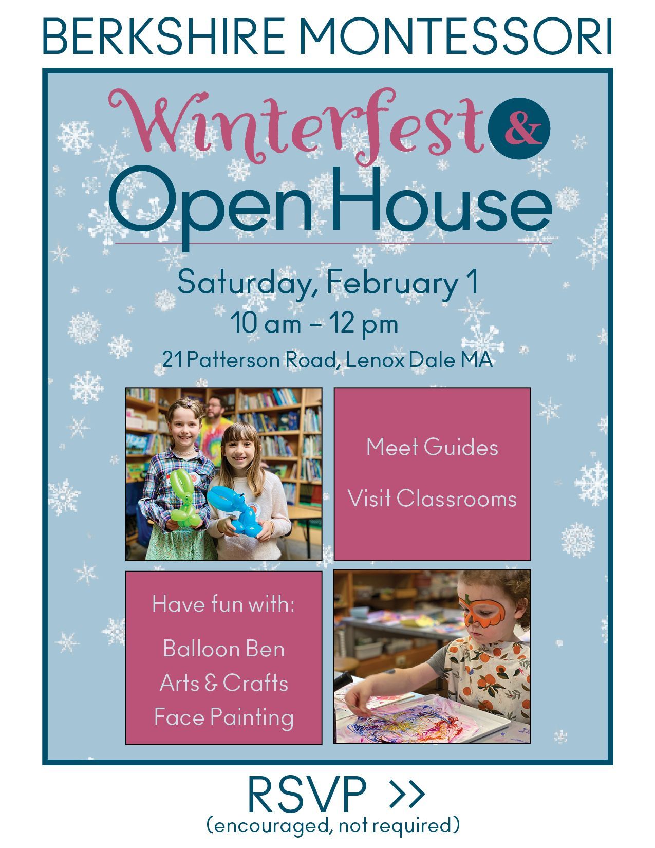 Berkshire Montessori Winter Fest Open House, Saturday February 3, Free & open to the public. Drop in from 10 am to 12 pm