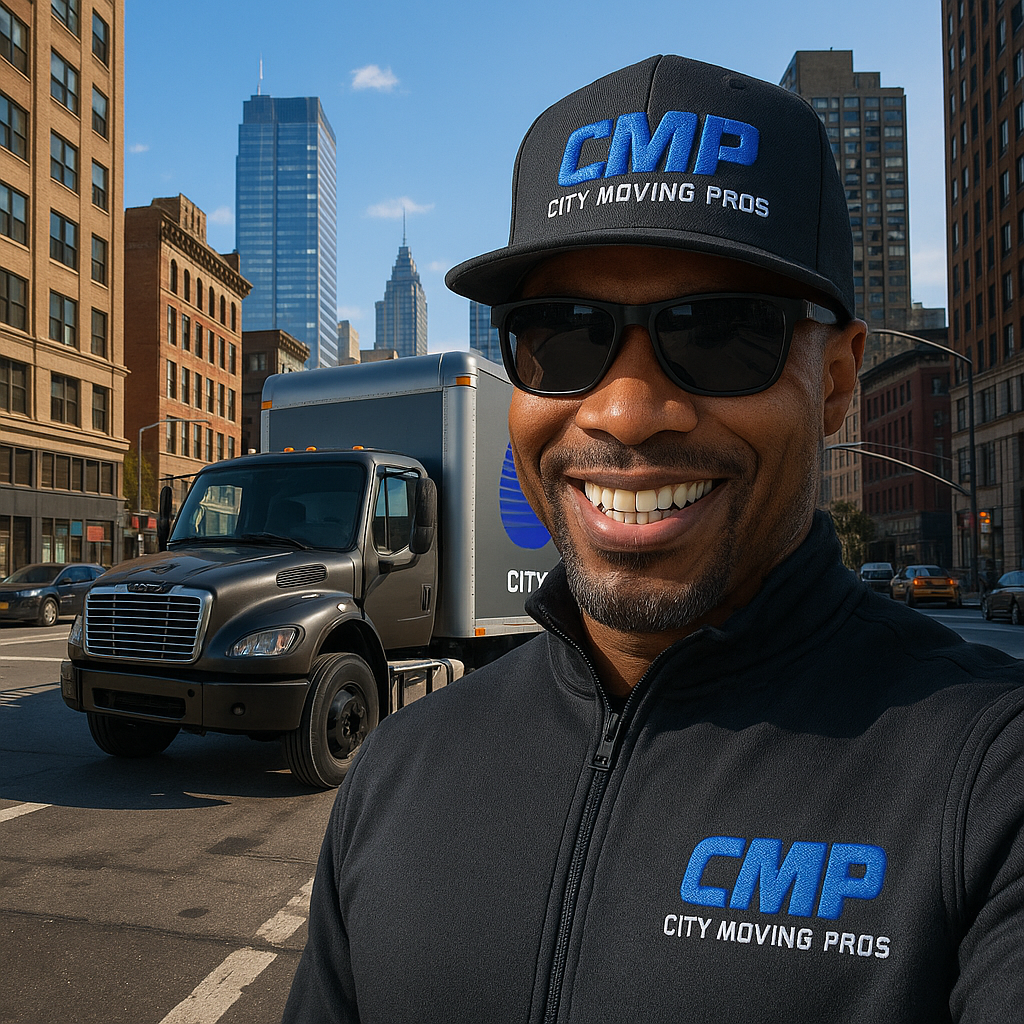 A man wearing a hat that says ' cmp city moving pros ' on it