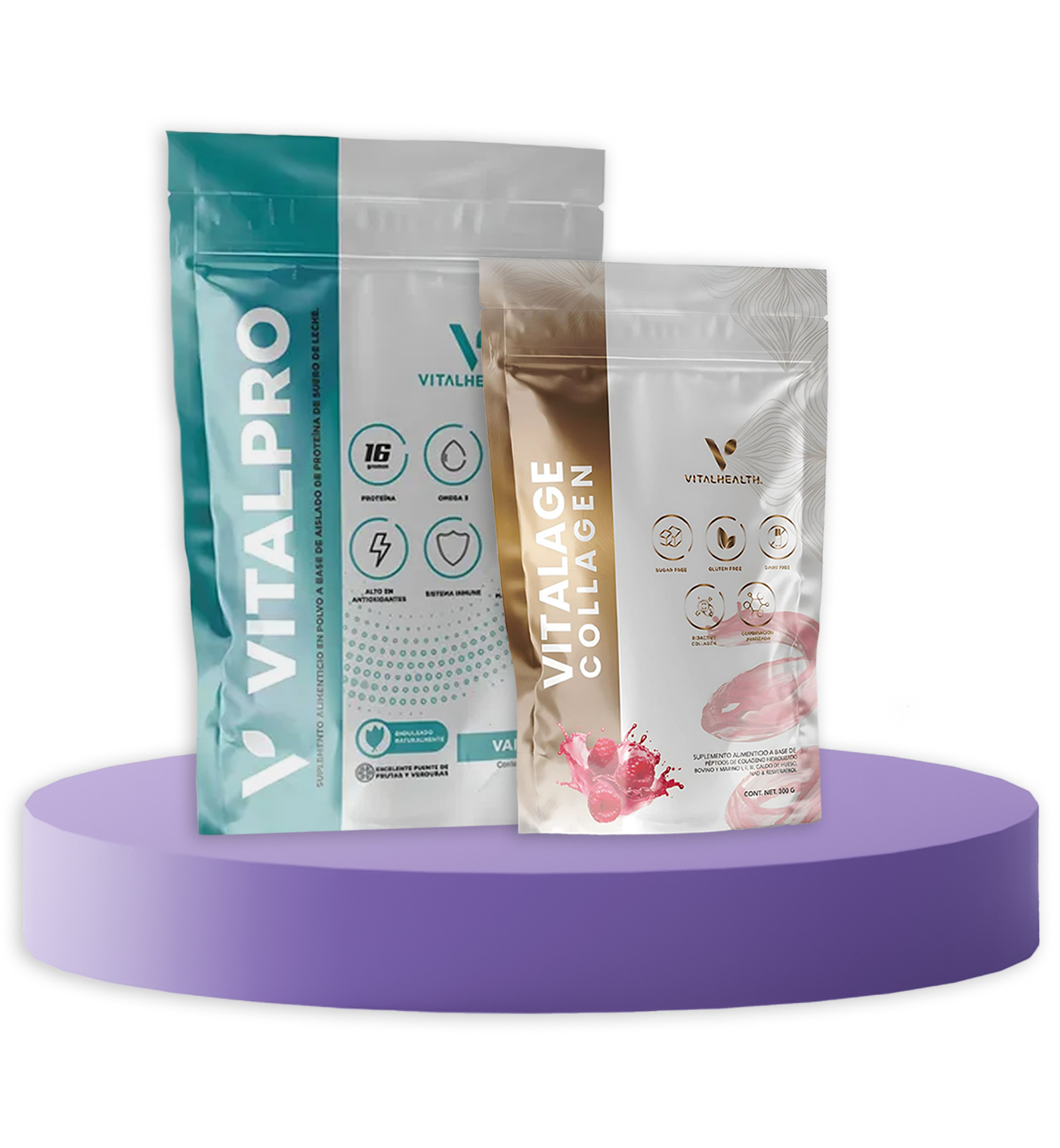 Dos bolsas de suplementos etiquetadas 