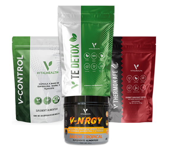Cuatro paquetes de suplementos Vitalhealth: V-Control, Te Detox, Thermokafe y frasco de polvo V-Nrgy.