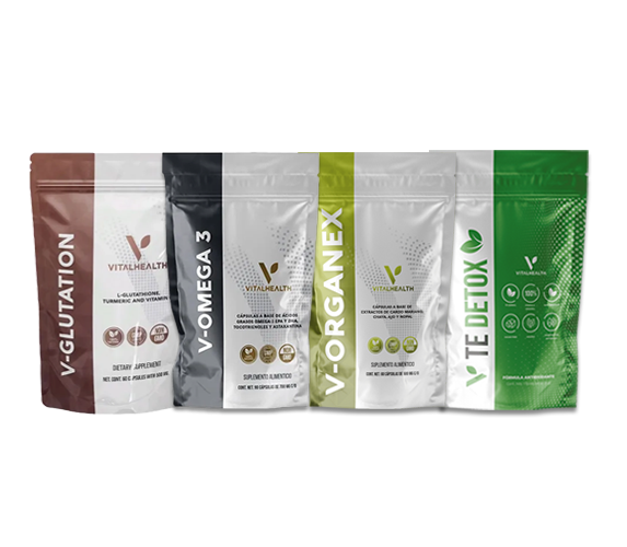 Cuatro bolsas de suplementos, etiquetadas como V-Glutation, V-Omega 3, V-Organex y TE Detox.