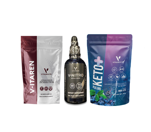 Tres productos de complementos dietéticos con la marca "Vitauthority": V-Itaren, V-Nitro y Keto+.