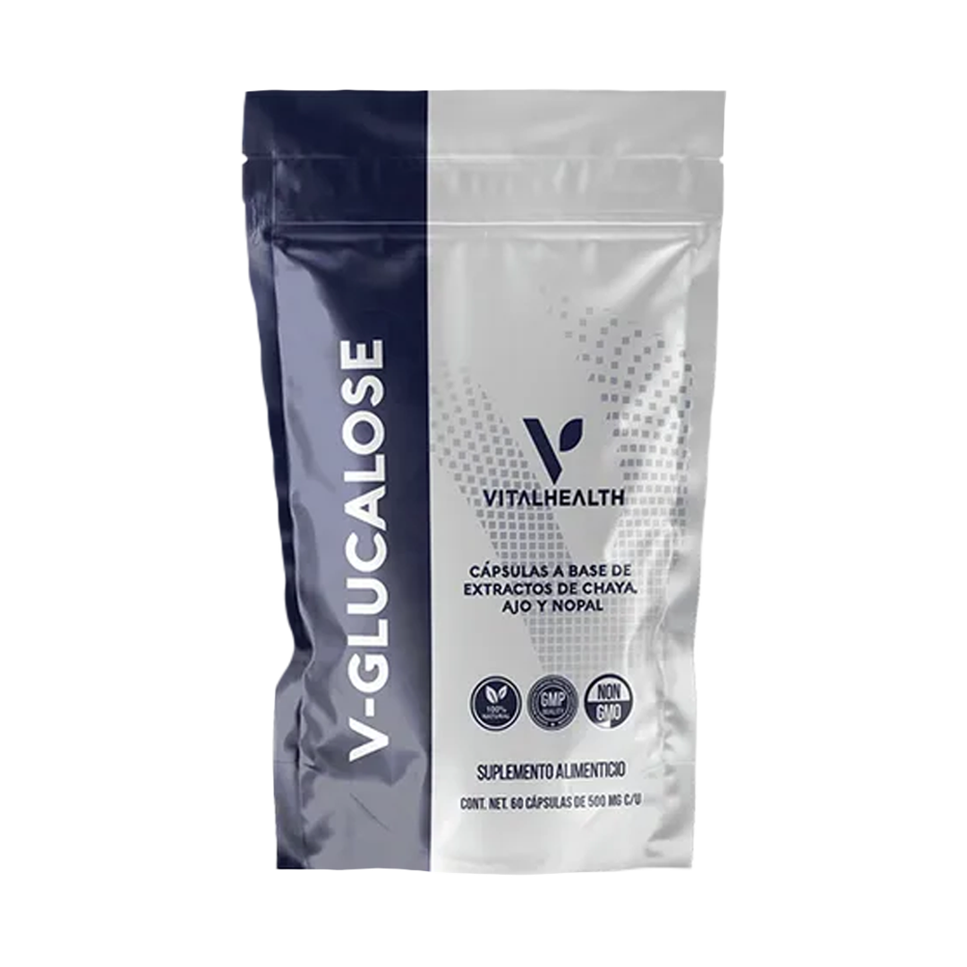 Bolsa de suplemento en polvo V-Glucalose de Vitalhealth, envase de color blanco y azul marino.