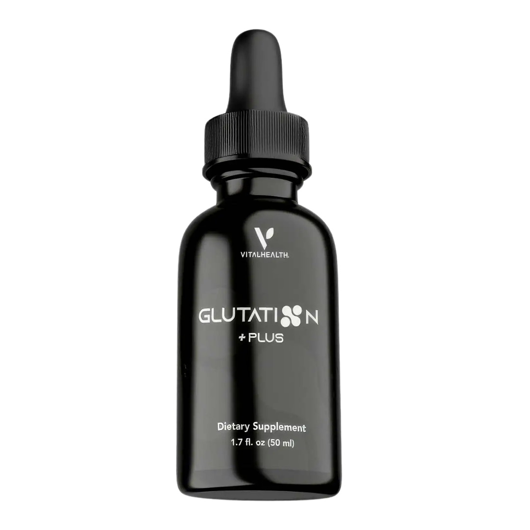 Botella negra de suplemento dietético “Glutatión + Plus” con gotero.