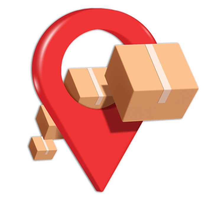 Pin de ubicación rojo con tres cajas de cartón, indicando entrega de paquete.