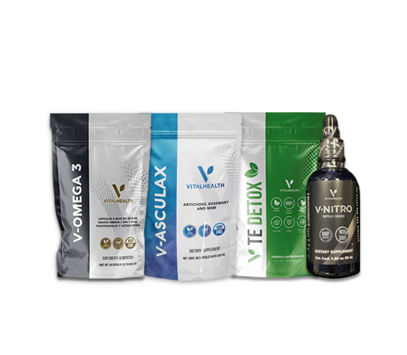 Suplementos de V-Health: V-Omega 3, V-Asculax, V-Te Detox y botella de suplemento dietético V-Nitro.