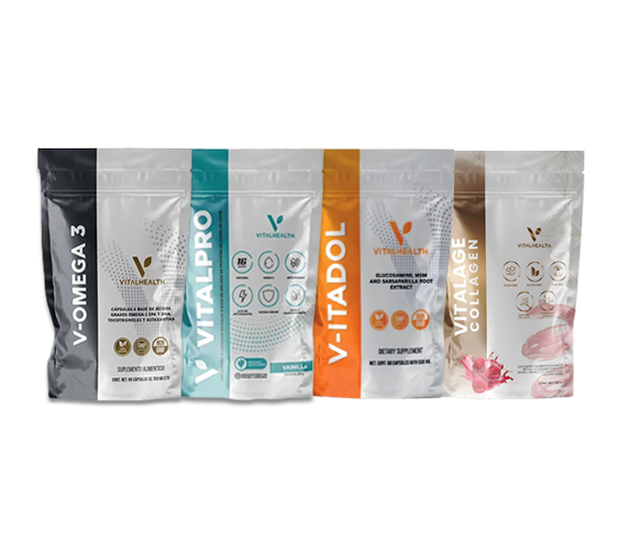 Bolsitas surtidas de suplementos Vitalveda: V-Omega 3, Vitalpro, V-Itadol y Vitalage Collagen, en fila.