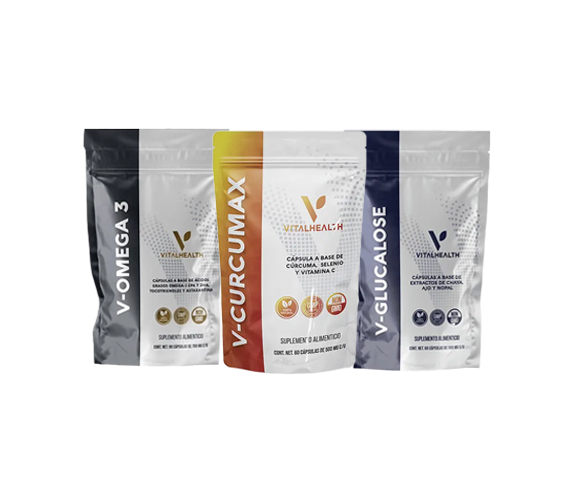 Tres bolsas de suplementos VitaHealth: V-Omega 3 (negro), V-Curcumax (naranja) y V-Glucalose (azul).