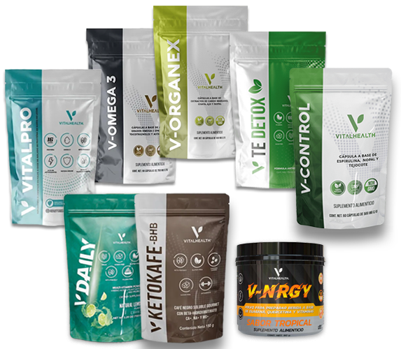 Paquetes variados de suplementos nutricionales de VitalHealth. Incluye V-NRGY, V-Omega 3, V-Organex, V-Control y otros.
