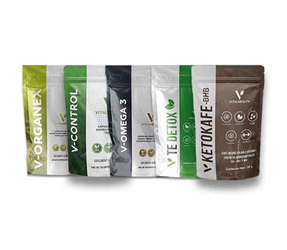 Seis bolsitas de suplementos Vitalbox: V-Organex, V-Control, V-Omega 3, Te Detox, Ketokafé-BHB y una bolsita marrón.