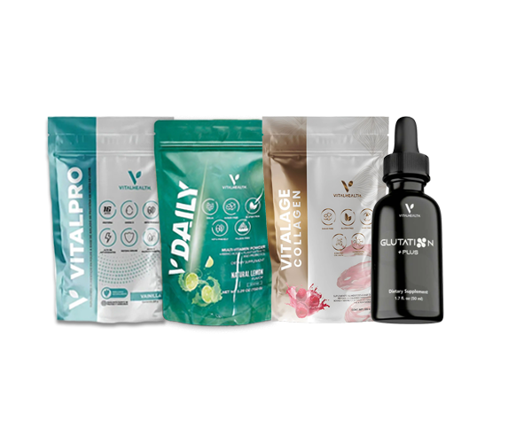 Suplementos: VitalPro, Daily, VitalAge Collagen, más Glutatión 50 gotas frente a fondo blanco.